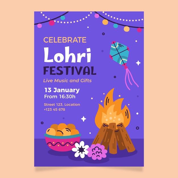 Vertikale postervorlage für die feier des lohri-festivals