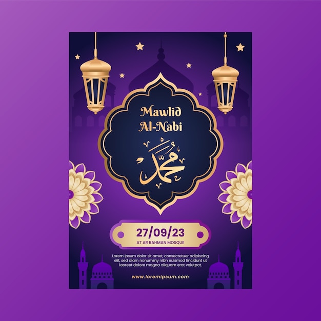Kostenloser Vektor vertikale postervorlage mit farbverlauf für den mawlid al-nabi-feiertag