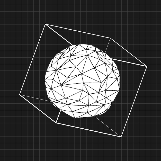 Kostenloser Vektor verzerrtes 3d-ikosaeder in einem würfel auf einem schwarzen hintergrundvektor