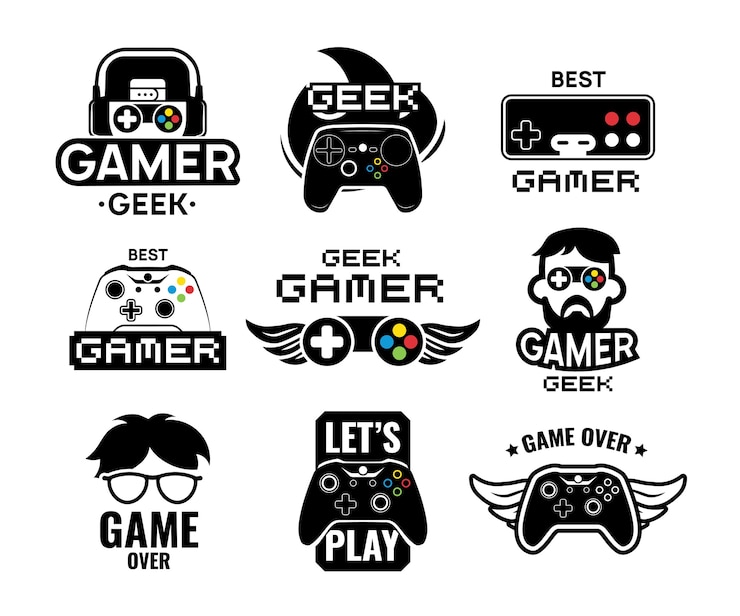 Kostenlose Vektor videospiel-logo eingestellt. embleme mit gamer, vintage und modernem joystick-konsolen-controller, headset. isolierte vektorillustration für online-spieletikettenschablone