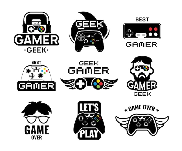 Videospiel-Logo eingestellt. Embleme mit Gamer, Vintage und modernem Joystick-Konsolen-Controller, Headset. Isolierte Vektorillustration für Online-Spieletikettenschablone