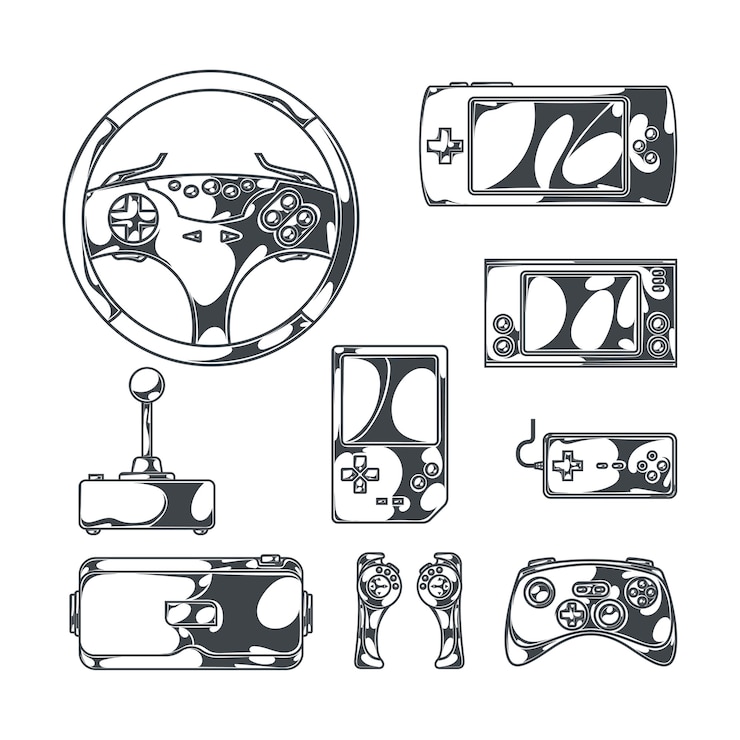 Kostenlose Vektor videospiele mit monochromen bildern im sketch-stil von vintage-joysticks-gamepads und tragbaren spielgeräten