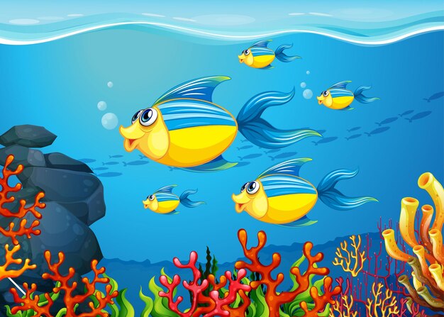 Viele exotische Fische Zeichentrickfigur im Unterwasserhintergrund