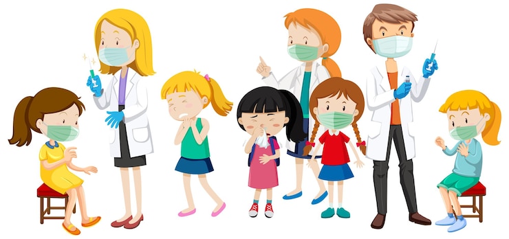 Kostenlose Vektor viele geduldige kinder und ärzte cartoon-figur auf weißem hintergrund