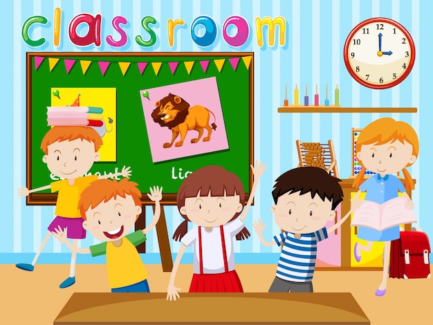 Viele kinder studieren in der klassenzimmer-illustration