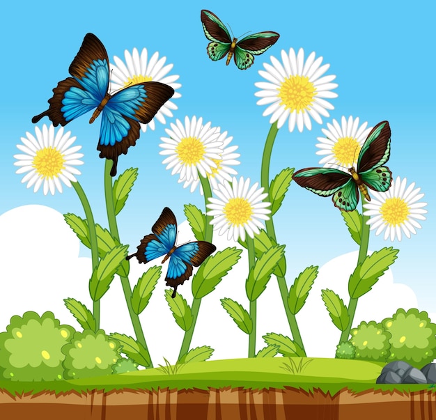Viele Schmetterlinge mit vielen Blumen in der Gartenszene