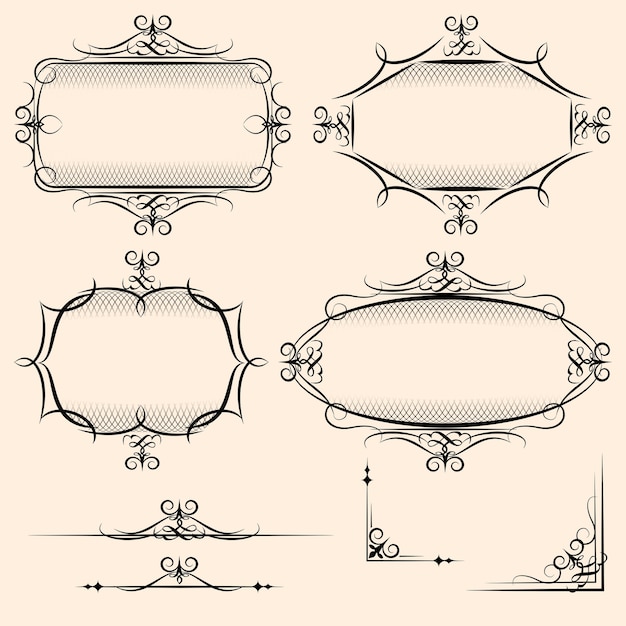 Kostenloser Vektor vier elegante vektor-vintage-rahmen mit schattierungsdetails und schnörkeln zur verwendung als dekoratives element