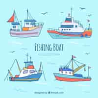 Kostenloser Vektor vier handgezeichnete fischerboote