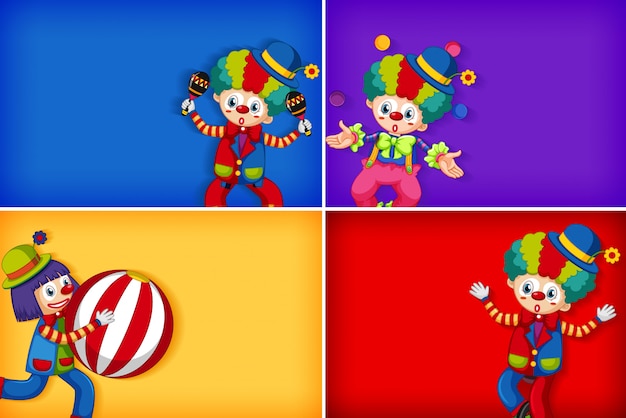 Vier Hintergrundschablonenentwürfe mit glücklichem Clown