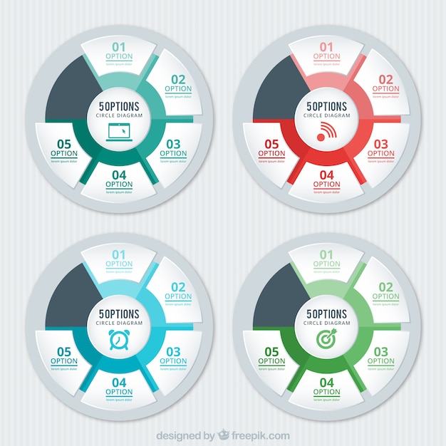 Kostenloser Vektor vier kreisförmige diagramme mit fünf optionen