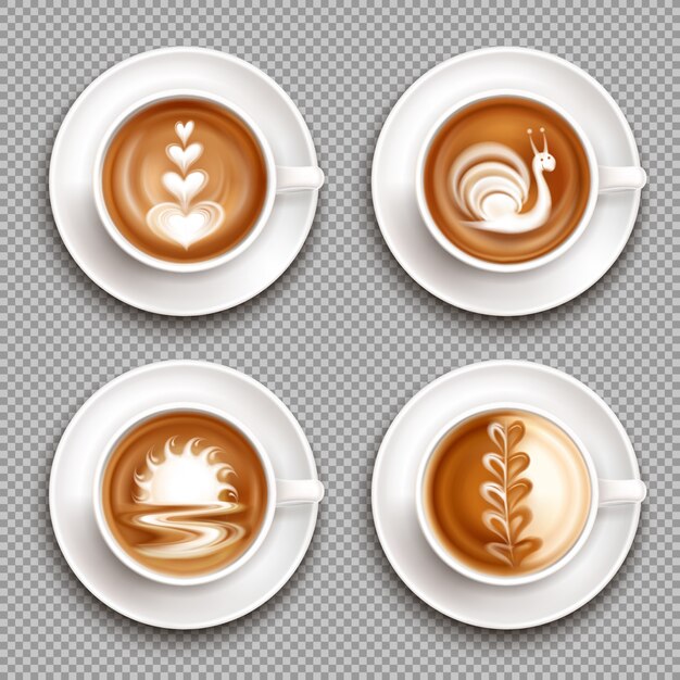 Vier Latte Art Draufsicht-Symbol gesetzt mit weißen Kunstkompositionen auf der oberen Illustration