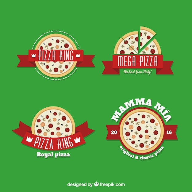 Kostenloser Vektor vier logos für pizza auf einem grünen hintergrund