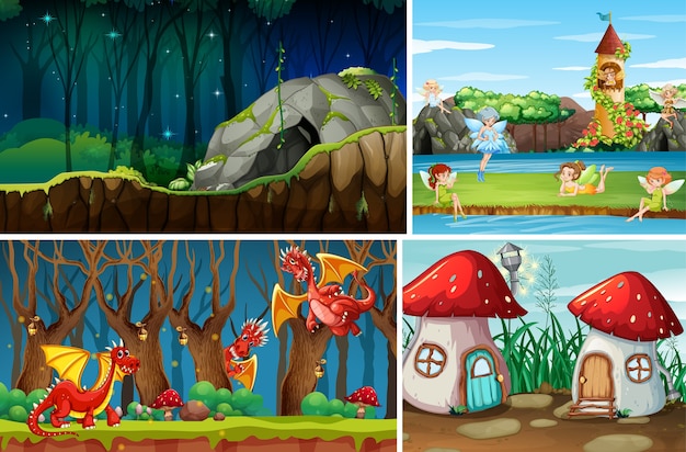 Vier verschiedene Szenen der Fantasy-Welt mit Fantasy-Orten und Fantasy-Charakteren wie Drachen und Feen