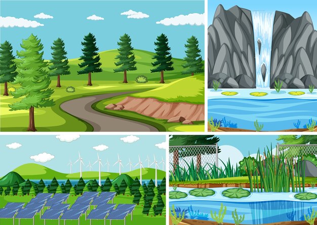 Vier verschiedene Szenen im Cartoon-Stil der Natur