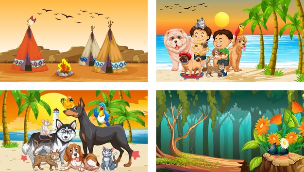 Vier verschiedene Szenen mit Kinderzeichentrickfigur