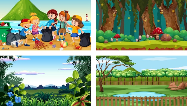 Vier verschiedene Szenen mit Kinderzeichentrickfigur