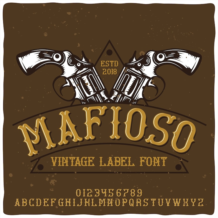 Kostenlose Vektor vintage alphabet und emblem schrift namens mafioso.