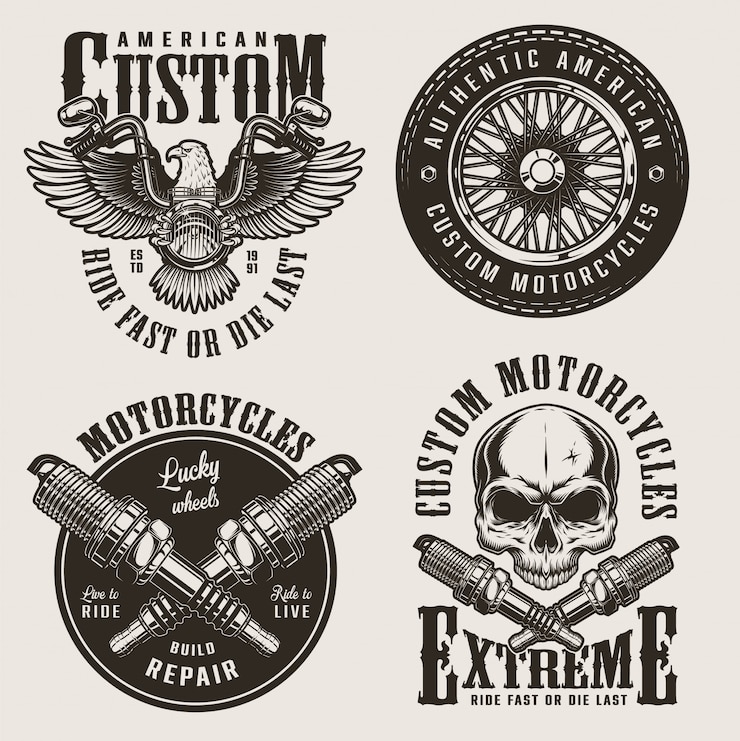 Kostenlose Vektor vintage benutzerdefinierte motorradabzeichen gesetzt