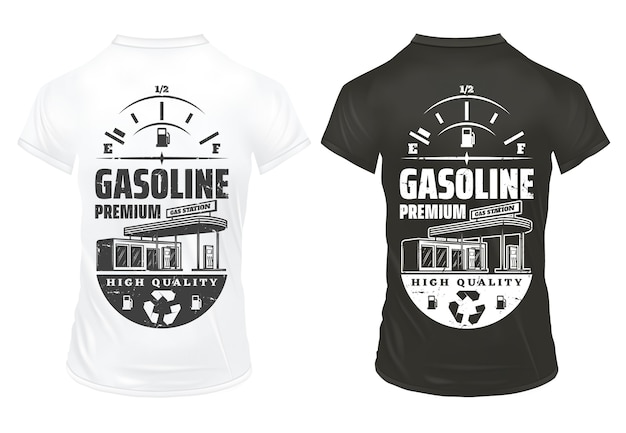 Kostenloser Vektor vintage benzindrucke auf hemden, die mit der beschriftung tankanzeige und der tankstelle isoliert werden