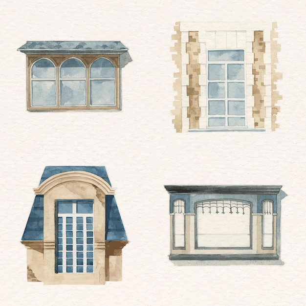 Kostenloser Vektor vintage europäische fensterarchitektur vektor-set aquarell-cliparts