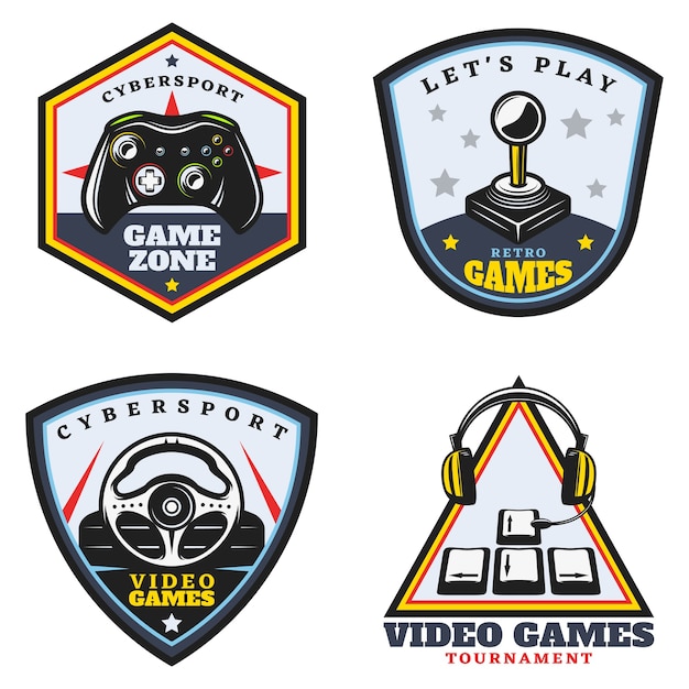 Kostenloser Vektor vintage farbige videospiel embleme set