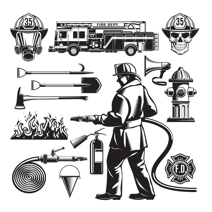 Kostenlose Vektor vintage firefighting elements set