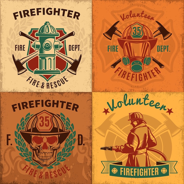 Kostenloser Vektor vintage firefighting emblems set