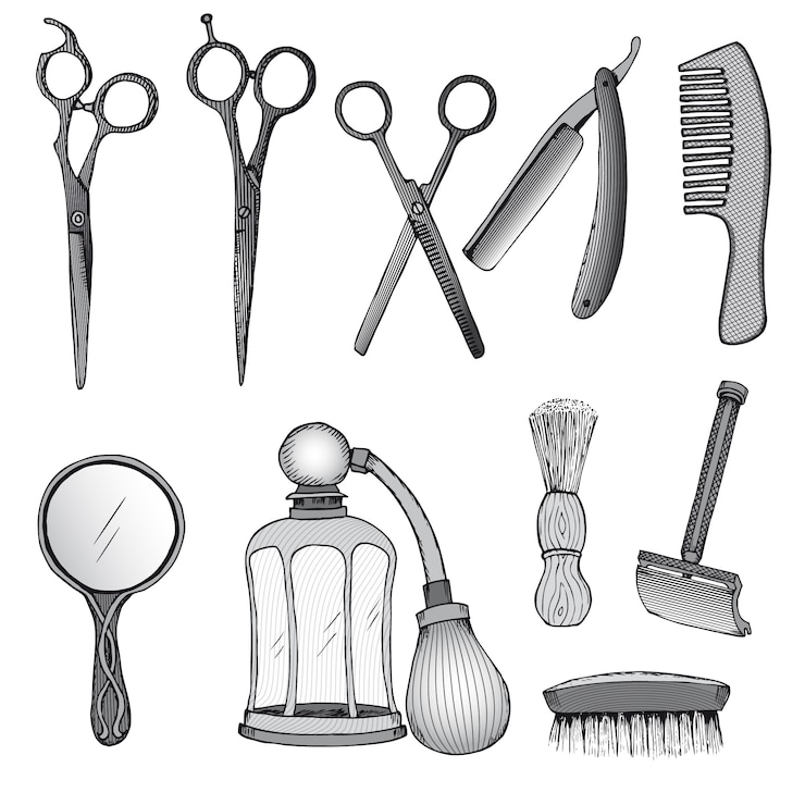 Kostenlose Vektor vintage friseur werkzeuge set