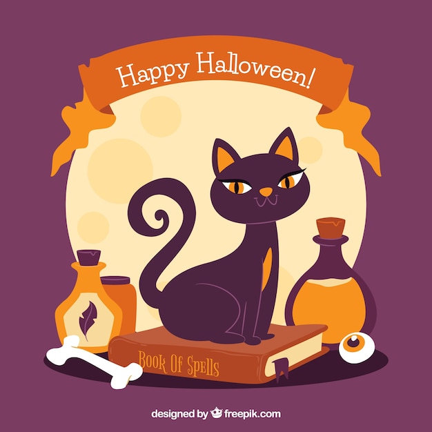Vintage halloween-hintergrund mit schwarzen katze und tränke