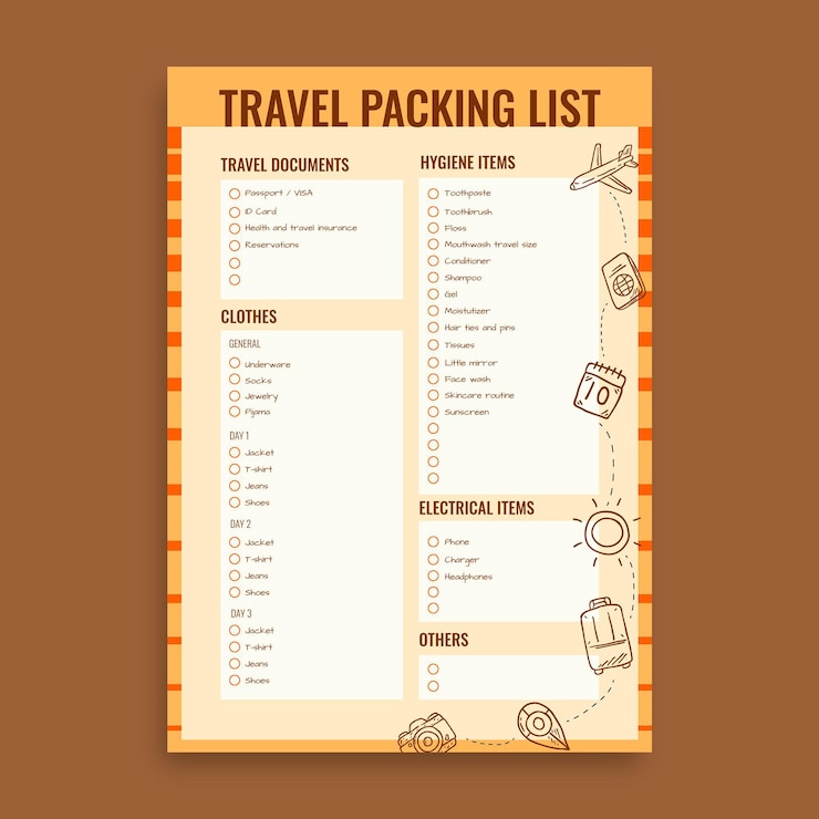 Kostenlose Vektor vintage handgezeichnete reisepackliste