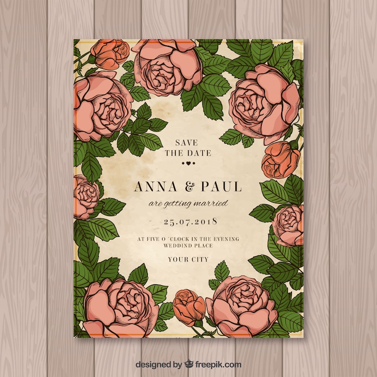 Kostenlose Vektor vintage hochzeitskartenschablone mit blumenart