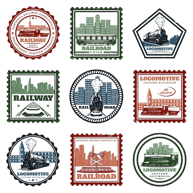 Vintage lokomotive aufkleber und briefmarken set
