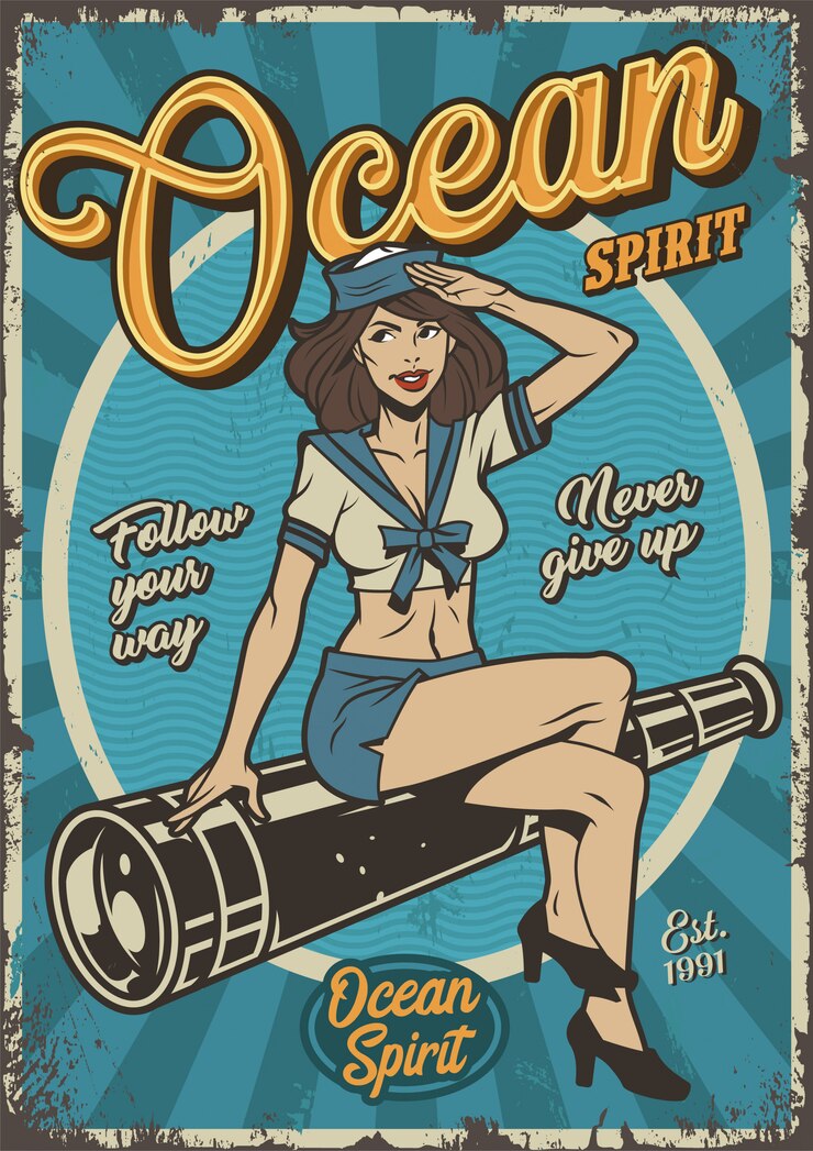 Kostenlose Vektor vintage marine buntes plakat mit pin-up-mädchen