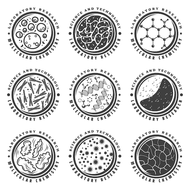 Kostenloser Vektor vintage monochrome molekülmarkierungen, die mit isolierten molekülverbindungsatomen-viruskeimbakteriumzellen gesetzt sind