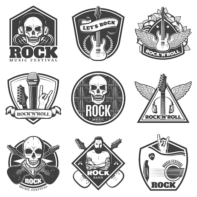 Vintage monochrome rockmusik embleme set
