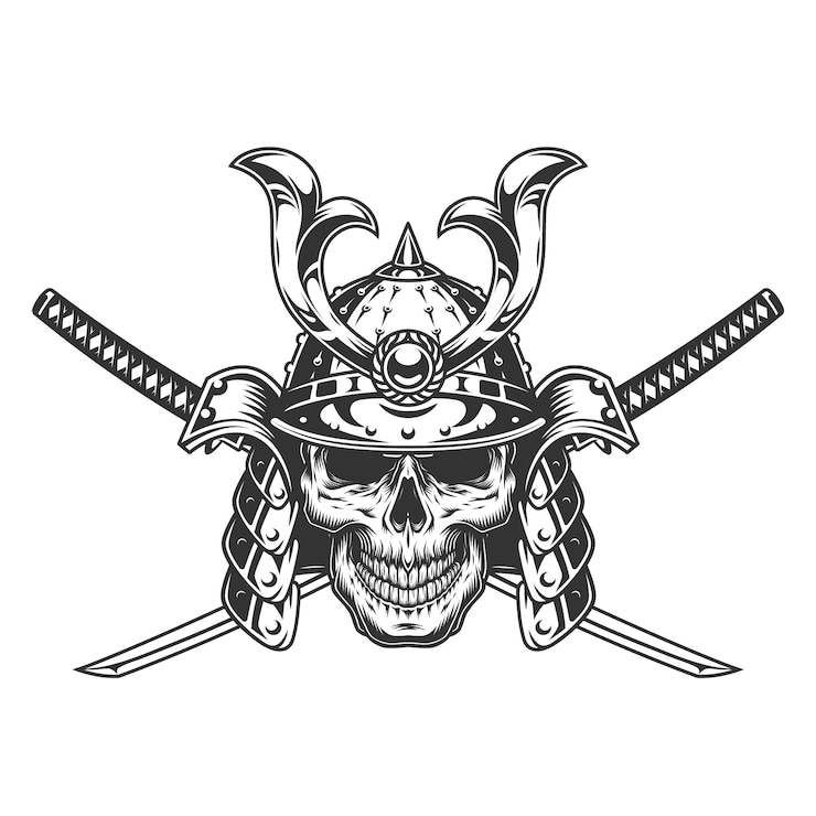Kostenlose Vektor vintage monochrome schädel im samurai-helm
