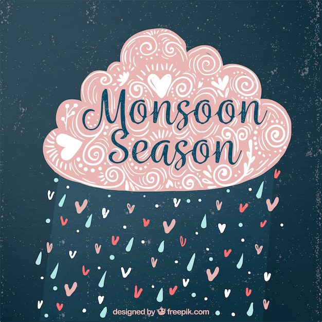 Vintage monsoon dekorative wolke hintergrund mit regen und herzen