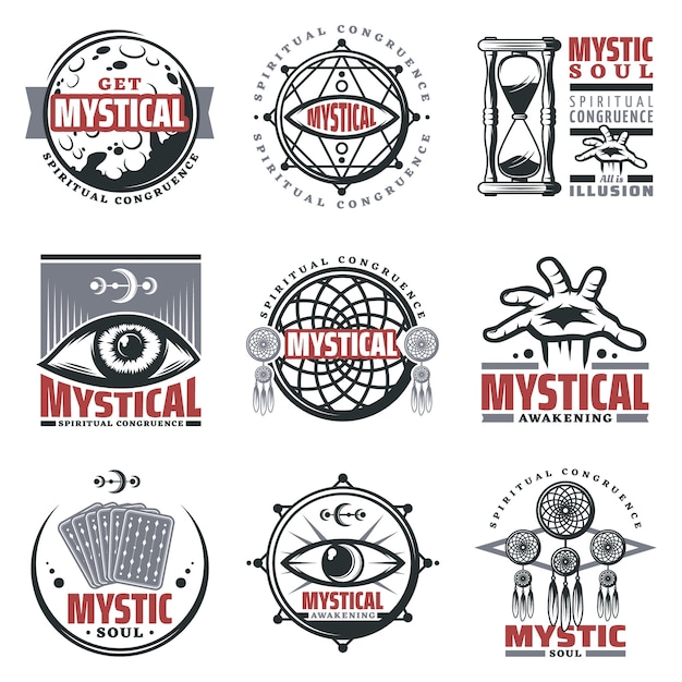 Kostenloser Vektor vintage mystische spirituelle embleme mit inschriften mond sandglas mystische symbole schmuck dritten auge tarotkarten isoliert