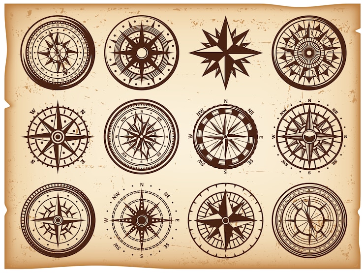 Kostenlose Vektor vintage nautical compasses icons set