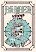 Kostenloser Vektor vintage-plakatentwurf des barbershop-themas mit illustration des haarigen schädels, des rasiermessers und der schere