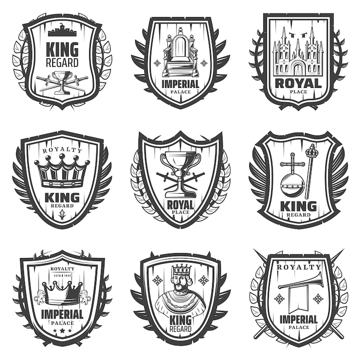 Kostenlose Vektor vintages königliches wappen, das mit königschwertpalastkronenmonarchiekugel-zepter-trompetenthron-betrachtung lokalisiert gesetzt wird