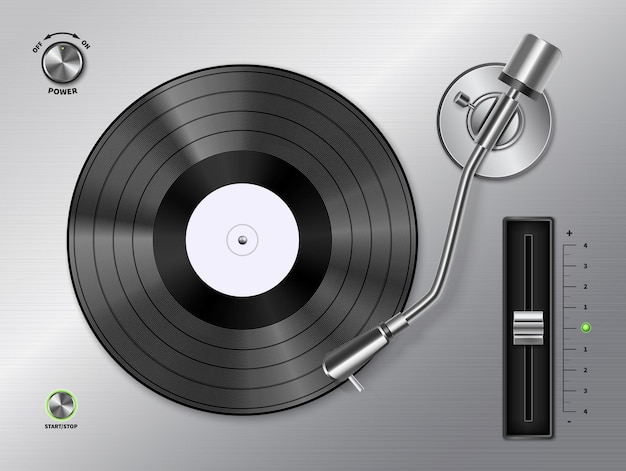 Vinyl-Schallplatte, die auf Plattenspieler spielt, Nahaufnahme Draufsicht realistisches schwarz-weißes Retro-Bild