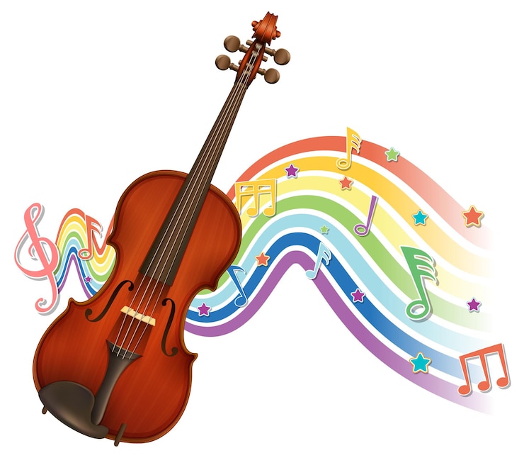 Kostenlose Vektor violine mit melodiesymbolen auf regenbogenwelle