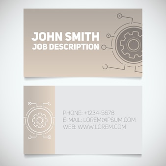 Visitenkarten-druckvorlage mit zahnrad-logo. einfache bearbeitung. manager. cyber-ingenieur. techniker. briefpapier-design-konzept. vektor-illustration