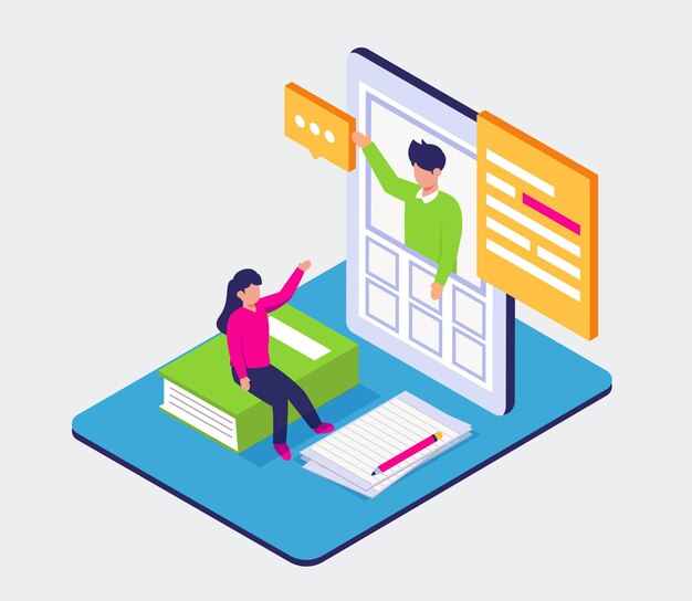 Visuelle Teenager lesen Buch auf Handy für Bildung, lernen Online-Konzept, Design der isometrischen Illustration