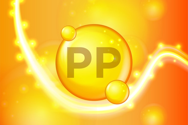 Vitamin PP goldglänzende Pille Kapselsymbol Vitaminkomplex mit chemischer Formel Glanzgold funkelt medizinische und pharmazeutische Anzeigen Vektorillustration