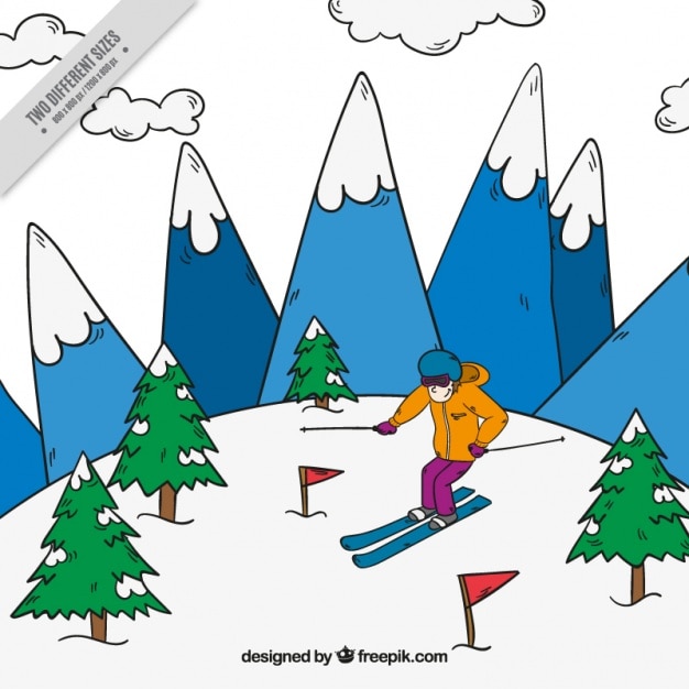 Kostenloser Vektor von hand gezeichnet hintergrund mit mann skifahren