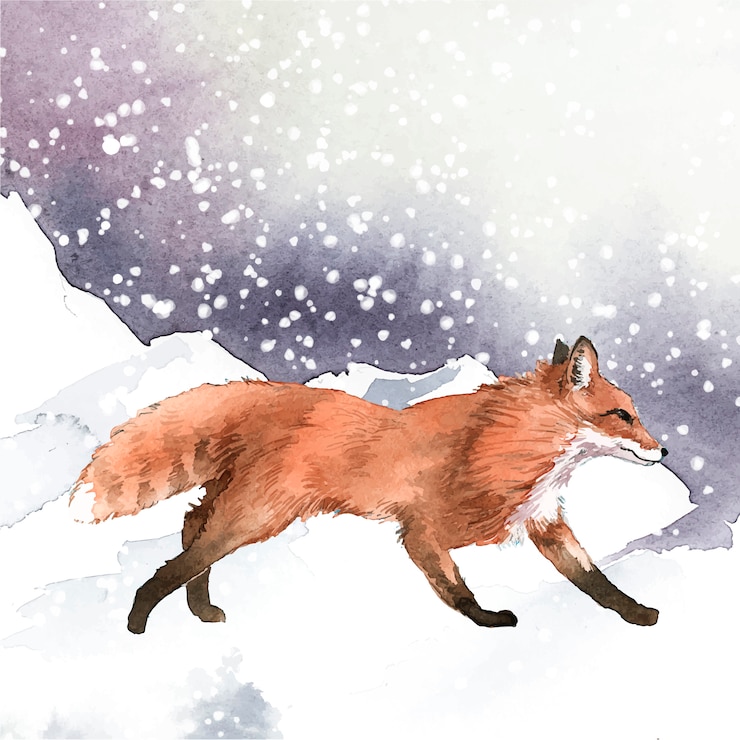 Kostenlose Vektor von hand gezeichneter fuchs in der schneeaquarellart