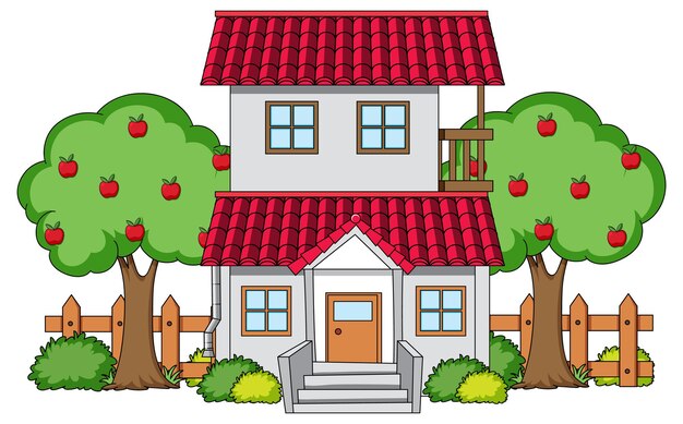 Vorderansicht eines Hauses mit Naturelementen auf weißem Hintergrund