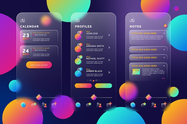 Kostenlose Vektor vorlage für die mobile app „gradient glassmorphism“.